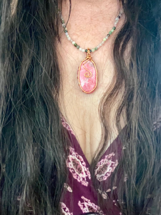 Thulite & Multi tourmaline Copper Wrapped Necklace