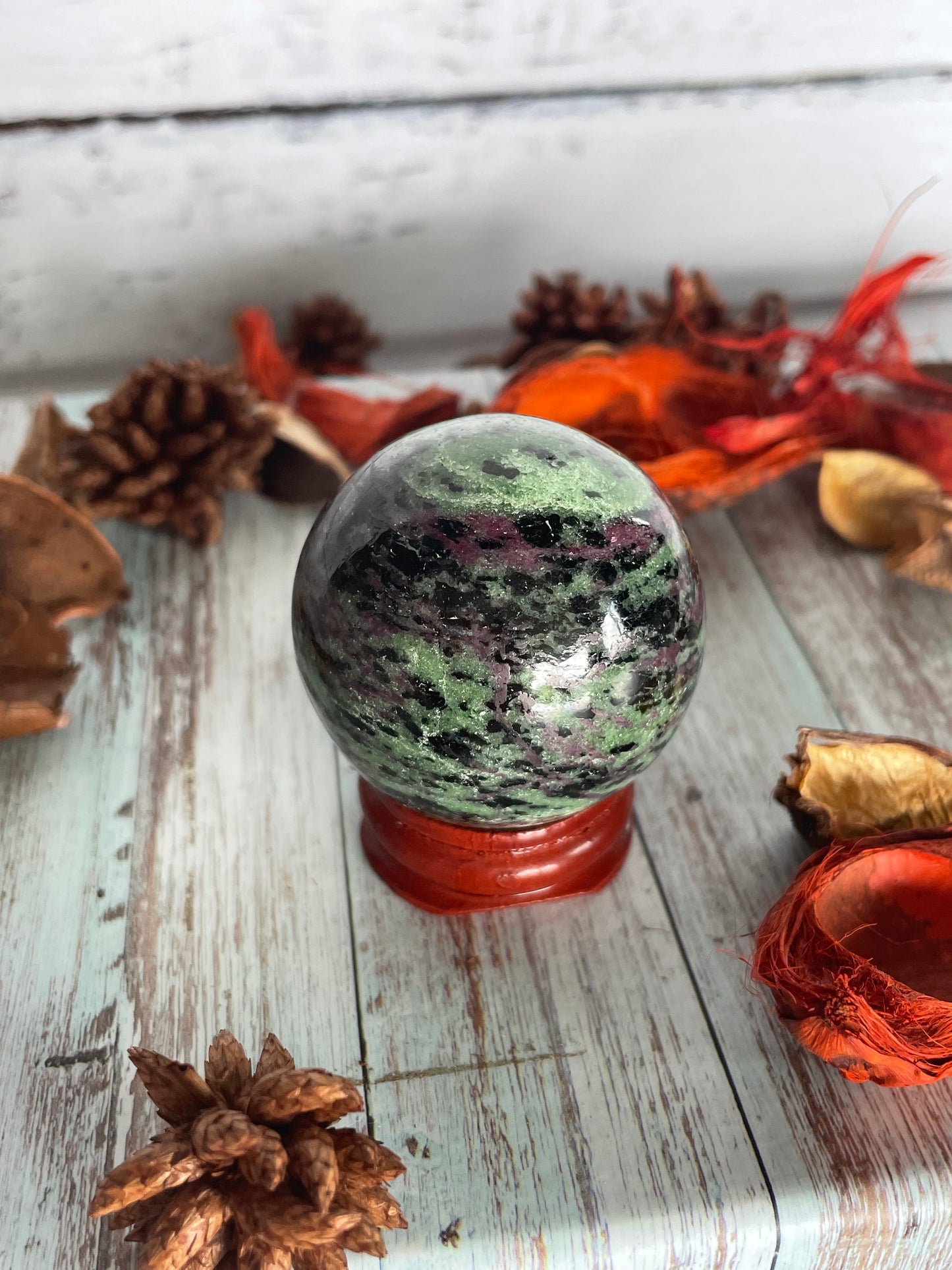 Ruby Zoisite Sphere Includes Wooden Holder