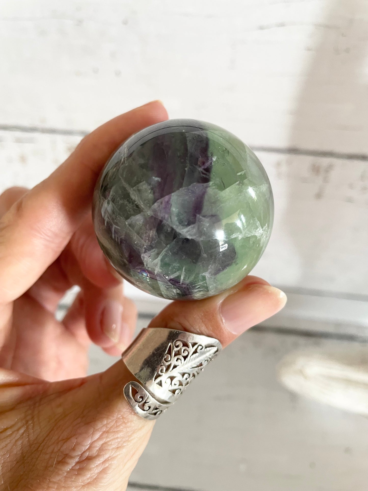 Rainbow Fluorite Sphere Includes Wooden Holder