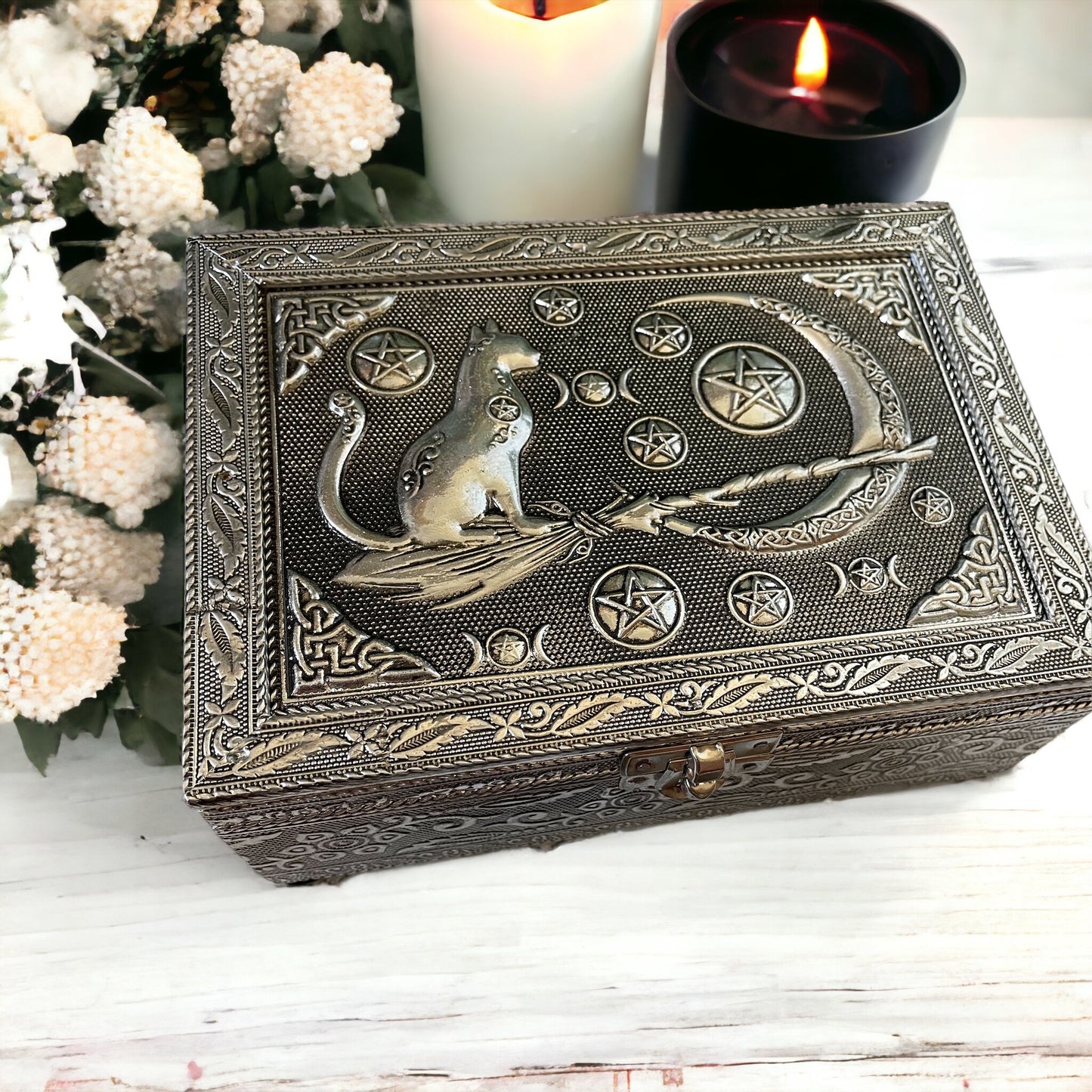 Witch Cat & Broom Metal Trinket Box