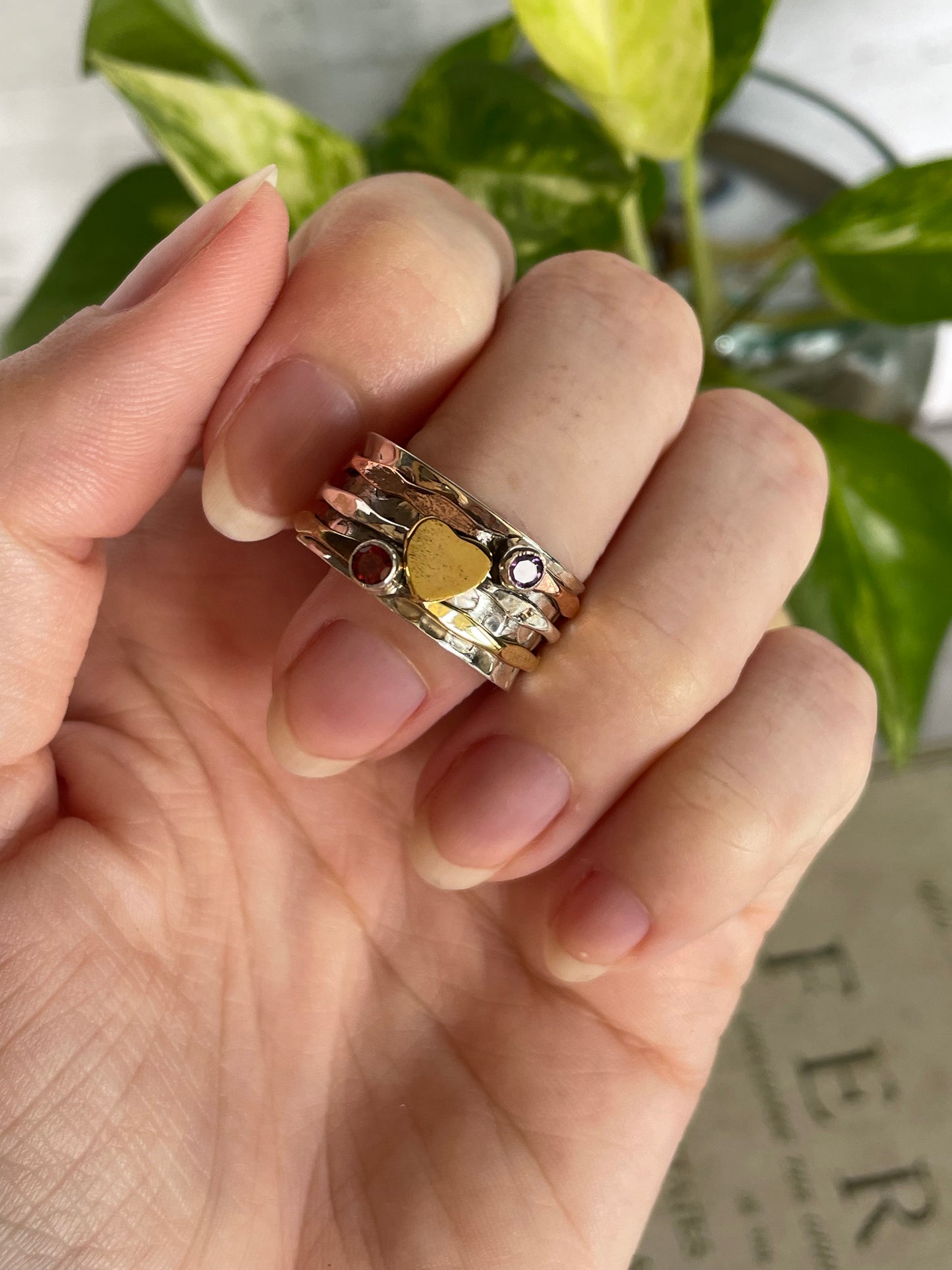 Meditation/Spinner/Anxiety Silver Ring ~ Garnet & Amethyst