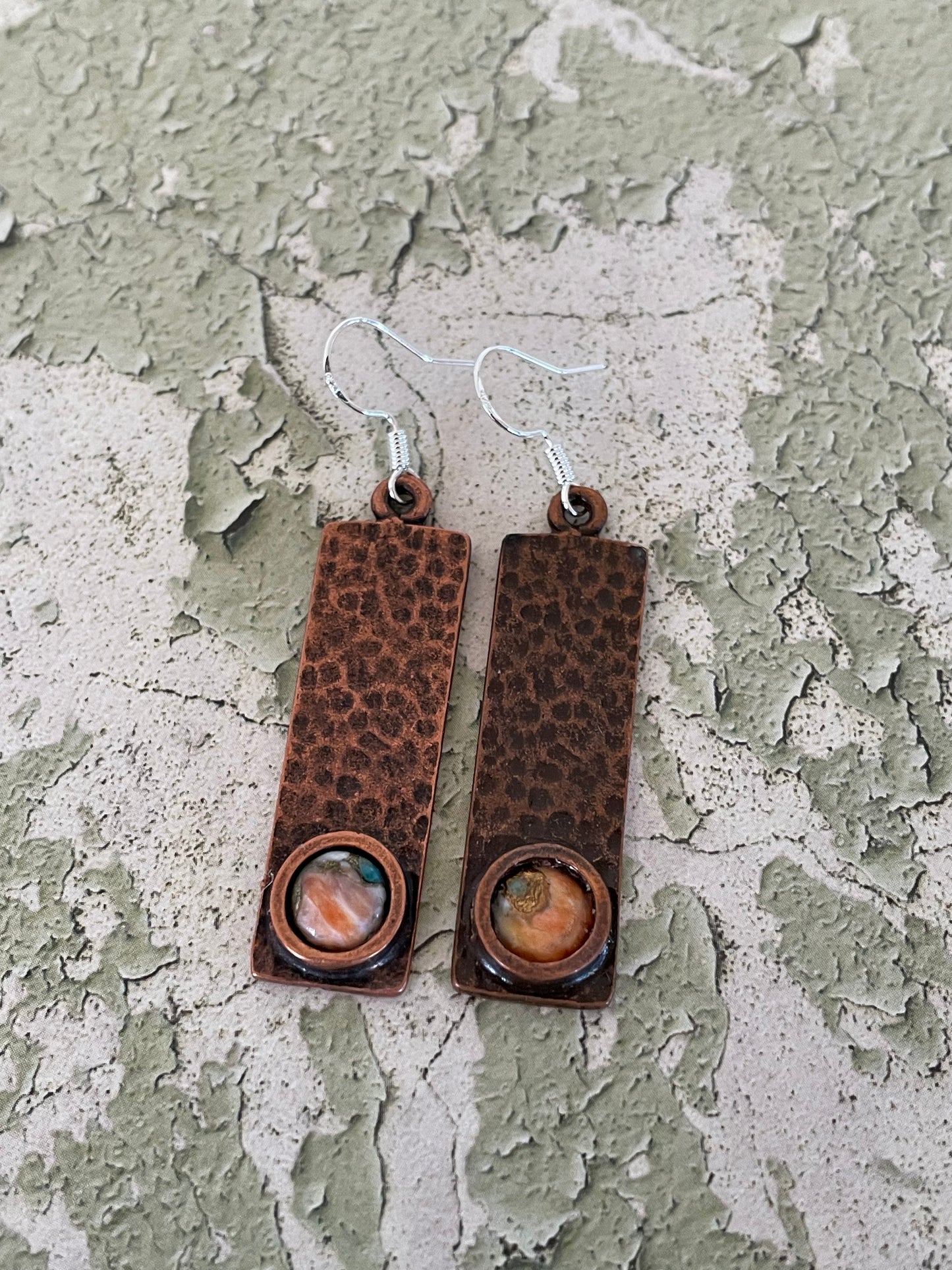 Orange Spiny Oyster Copper Hammered Dangles