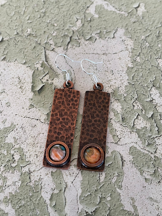 Orange Spiny Oyster Copper Hammered Dangles