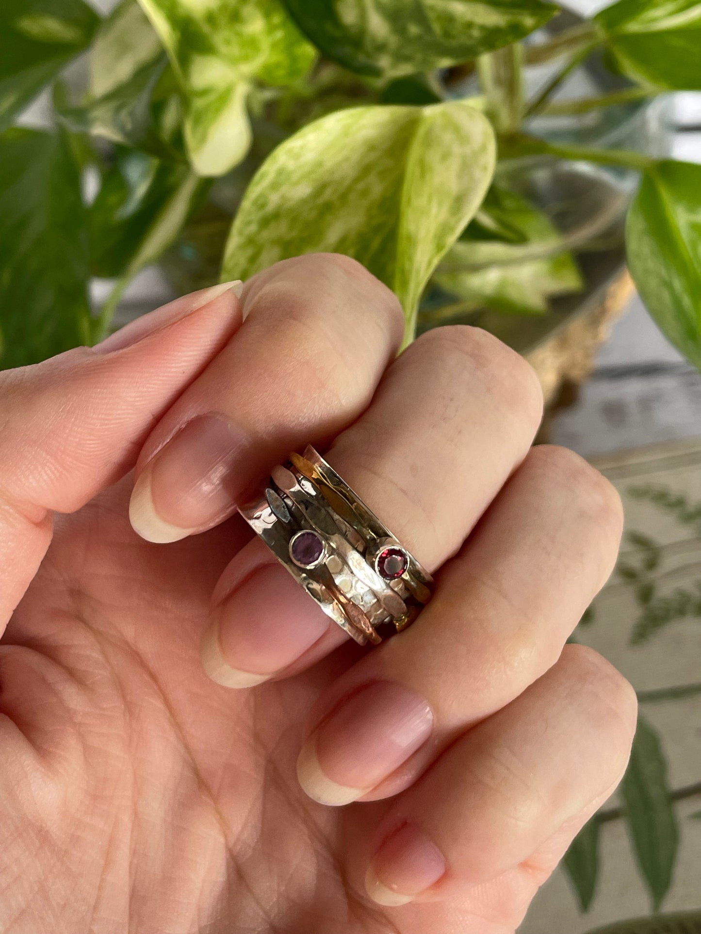 Meditation/Spinner/Anxiety Silver Ring ~ Amethyst & Garnet