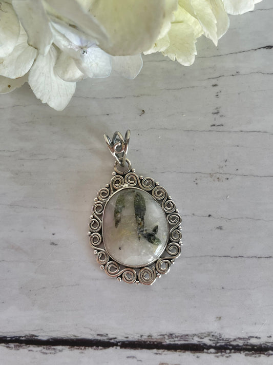 Green Tourmaline in Quartz Silver Pendant