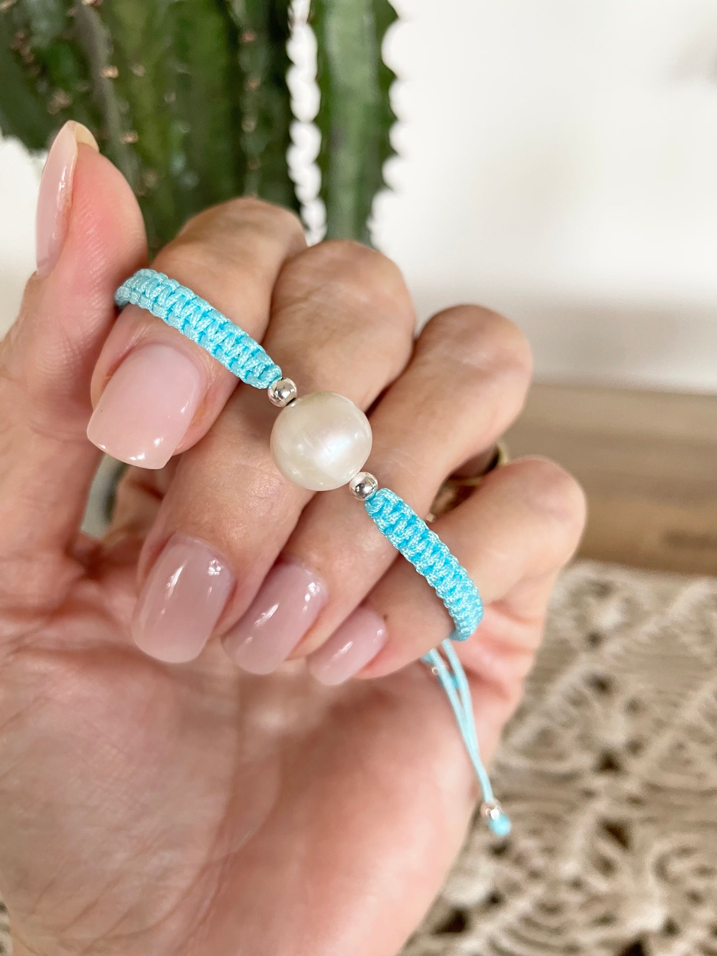 Macrame Adjustable Pearl Bracelet ~ Sky Blue
