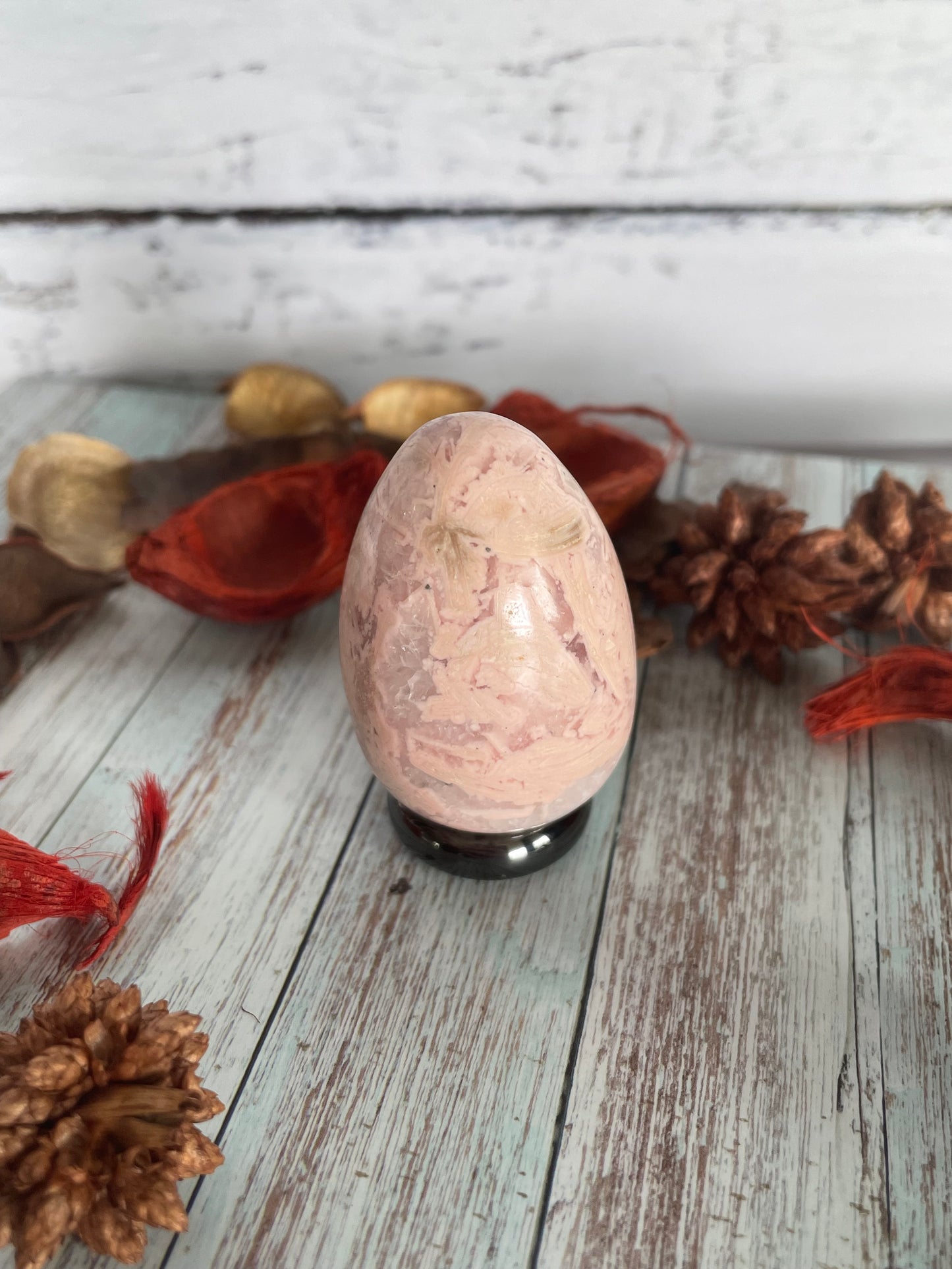 Rhodochrosite Egg Includes Hematite Ring