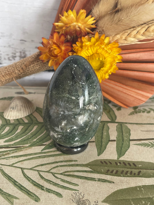 Moss Agate Egg Includes Hematite Ring