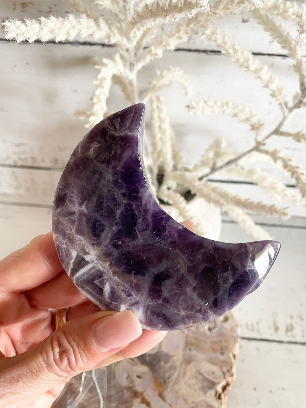 Chevron Amethyst Crescent Moon includes stand