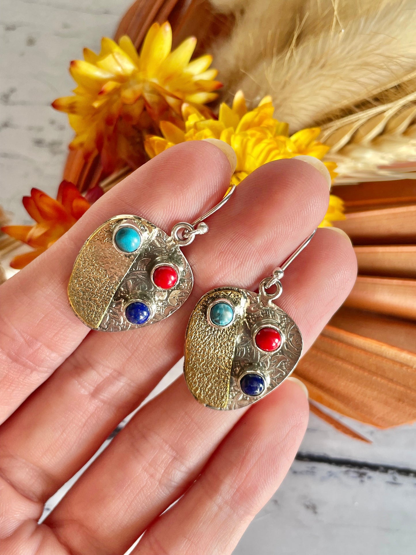 Coral, Turquoise & Lapis Dangles