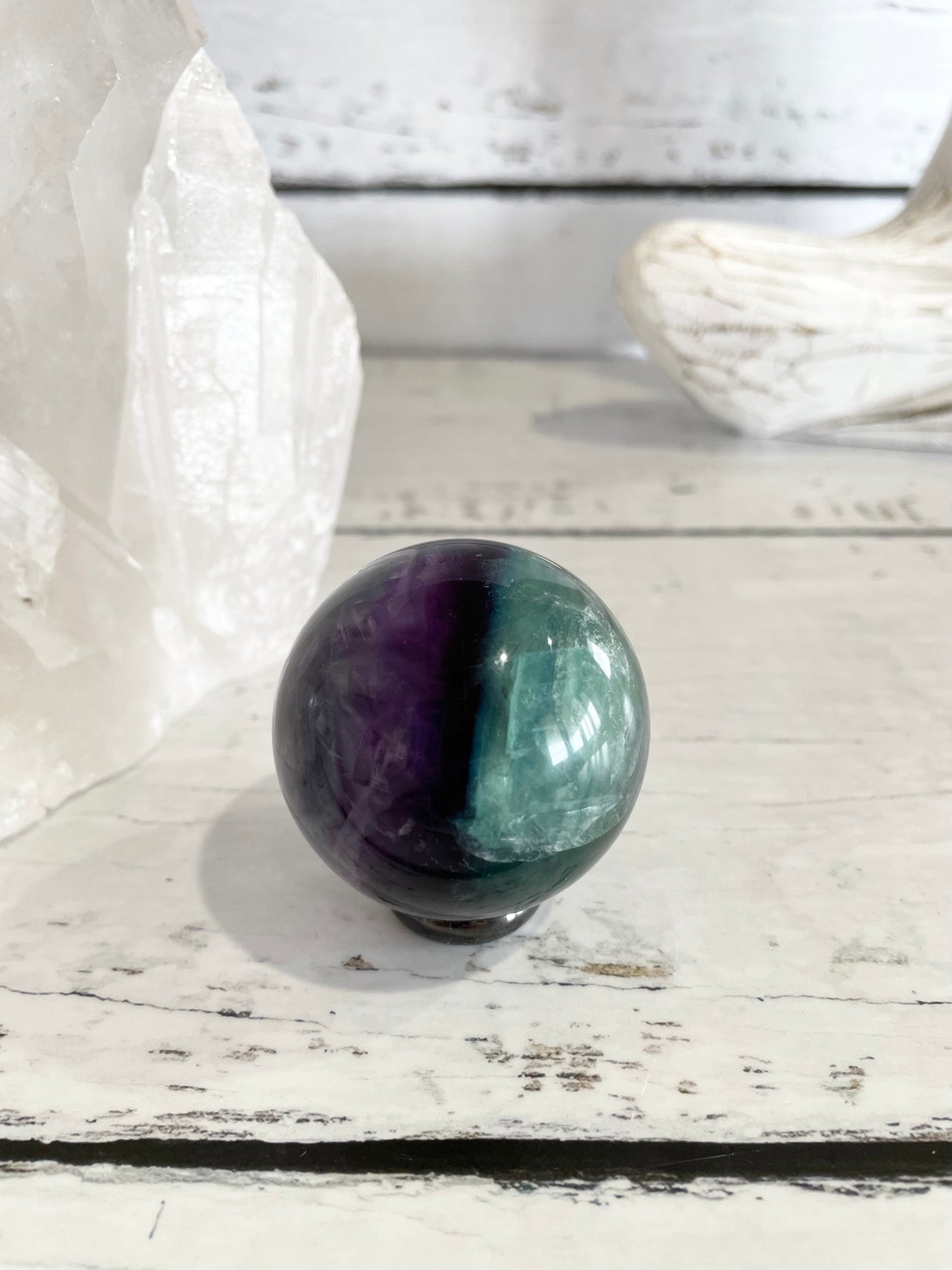 Rainbow Fluorite Sphere Includes Wooden Holder