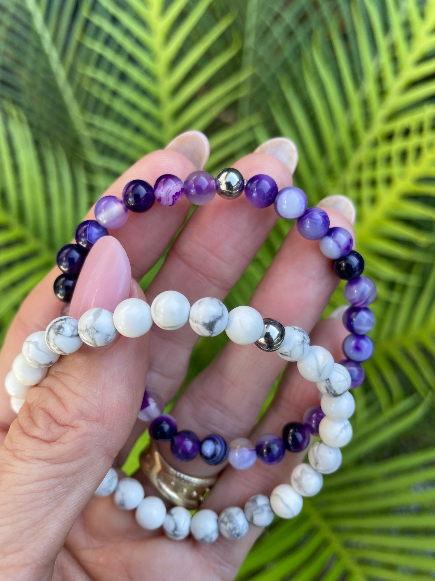 Double Stacker Bracelets - White Howlite/Purple Agate
