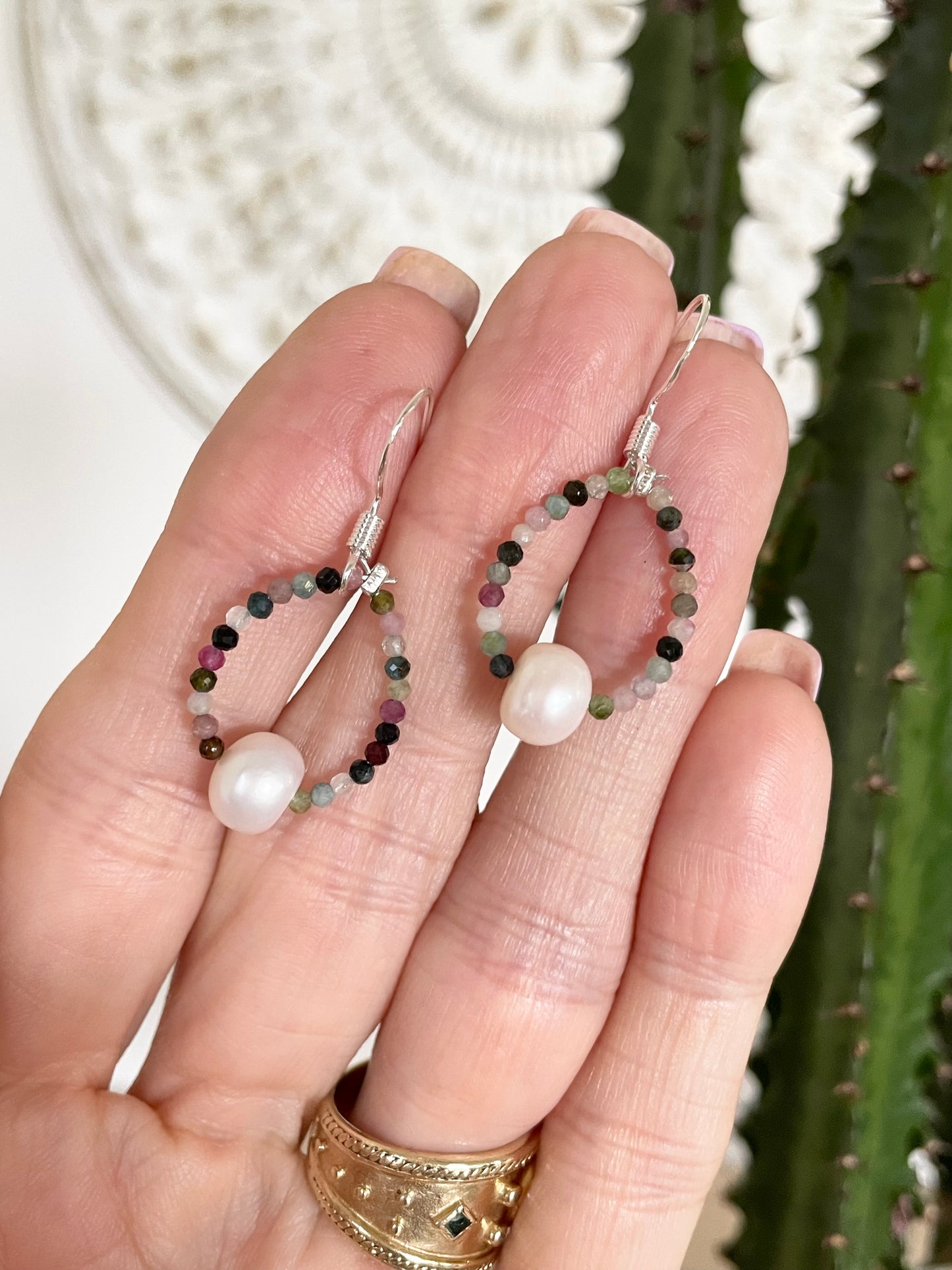 Faceted Multi Tourmaline/Pearl Dangles