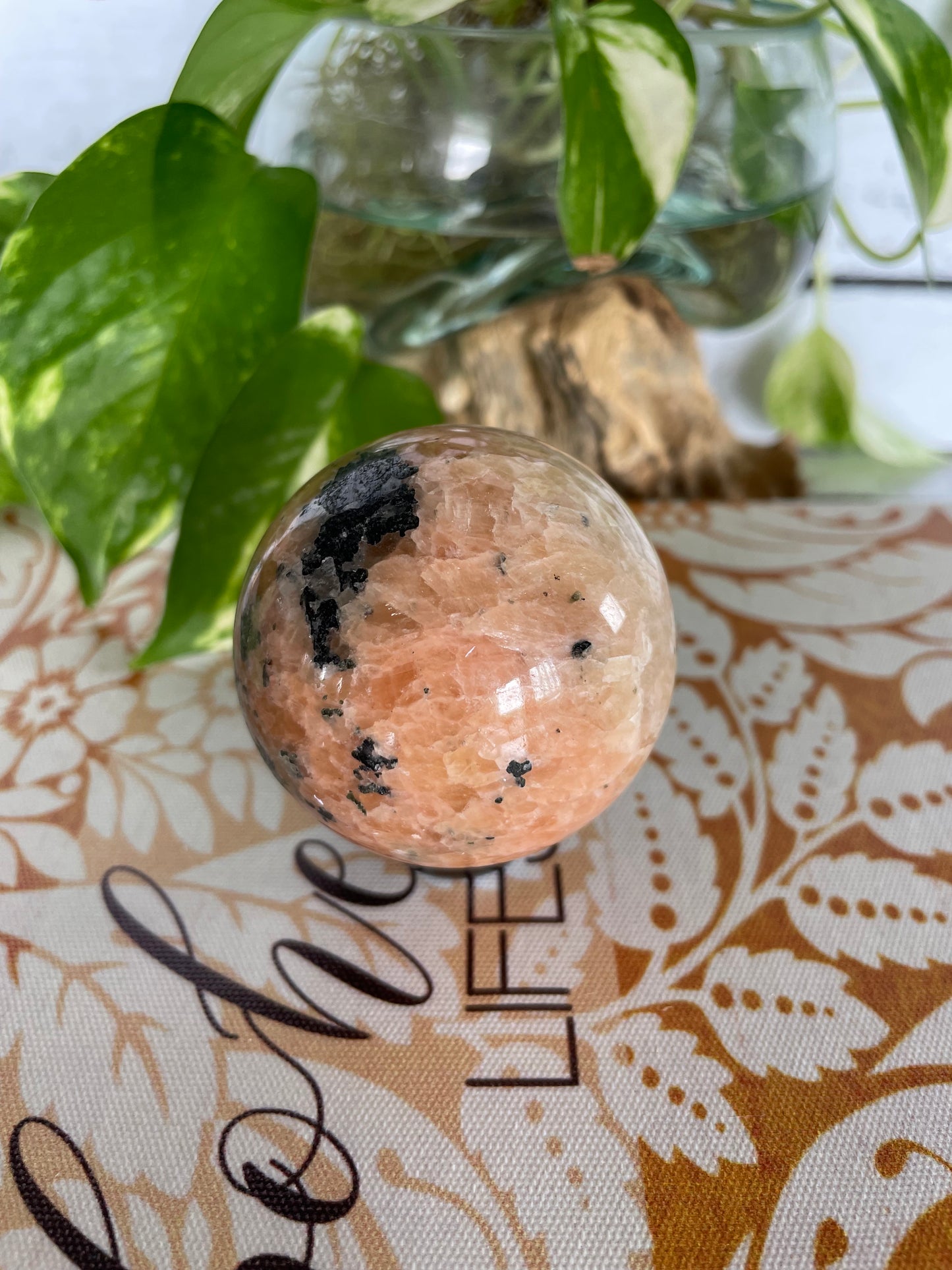 Orchid Calcite with Tourmaline Sphere Includes Wooden Holder