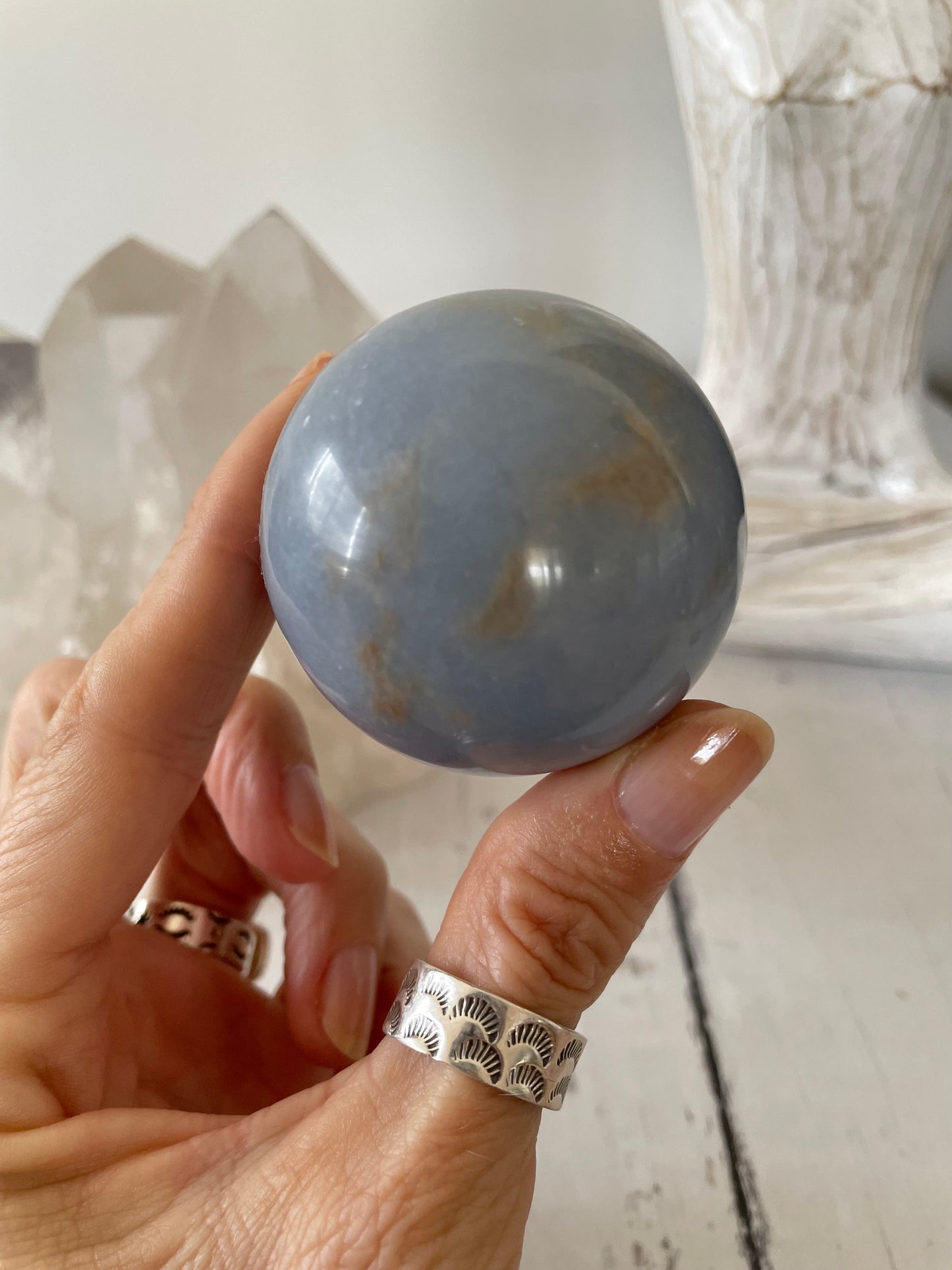 Angelite Sphere Includes Wooden Holder