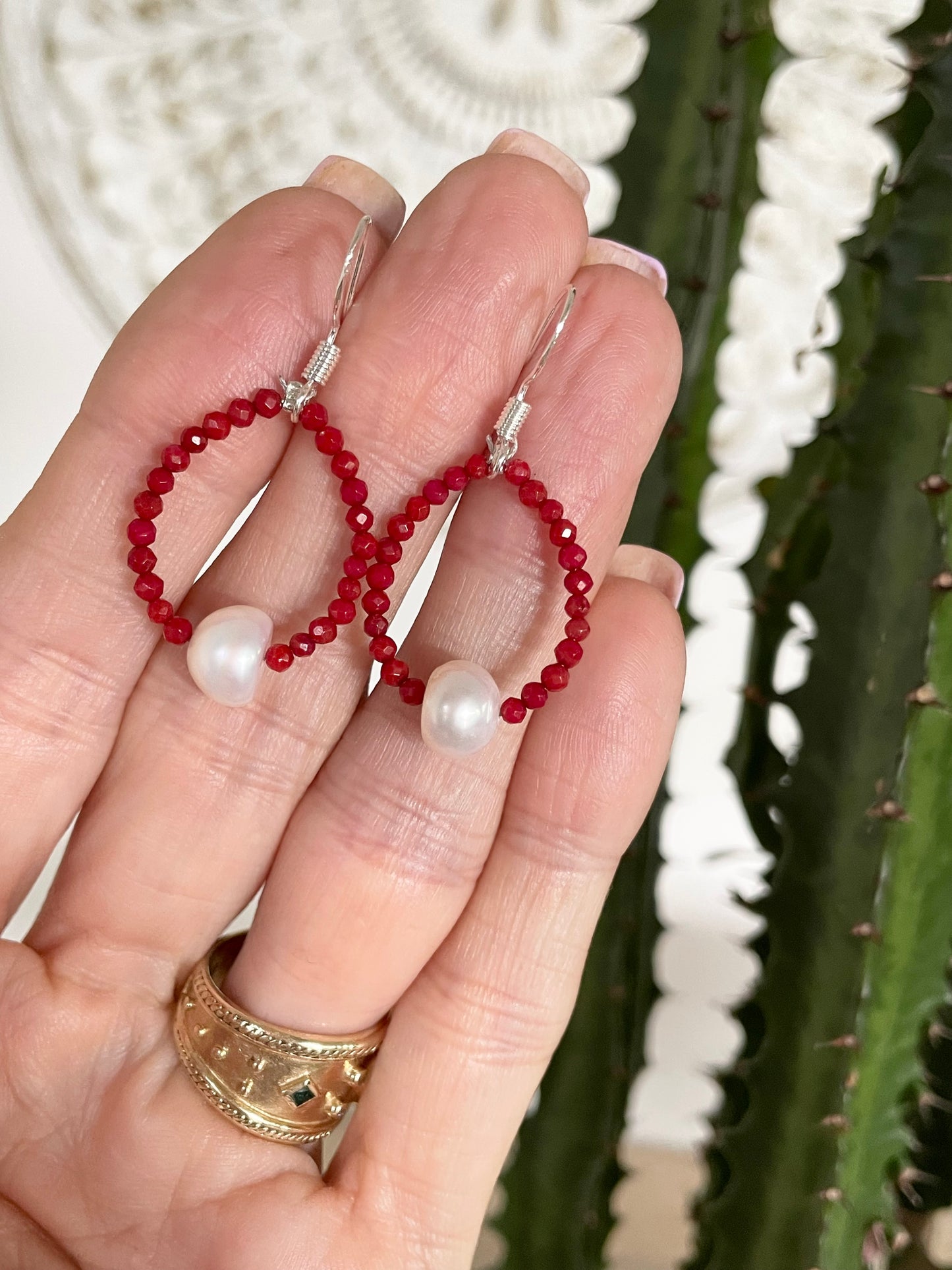 Faceted Red Coral/Pearl Dangles