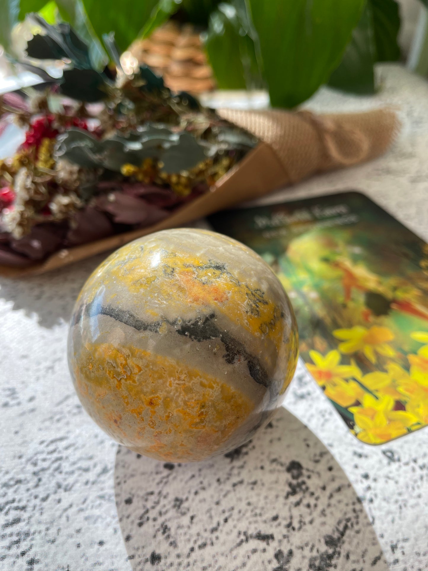 Bumble Bee Jasper Sphere Includes Wooden Holder