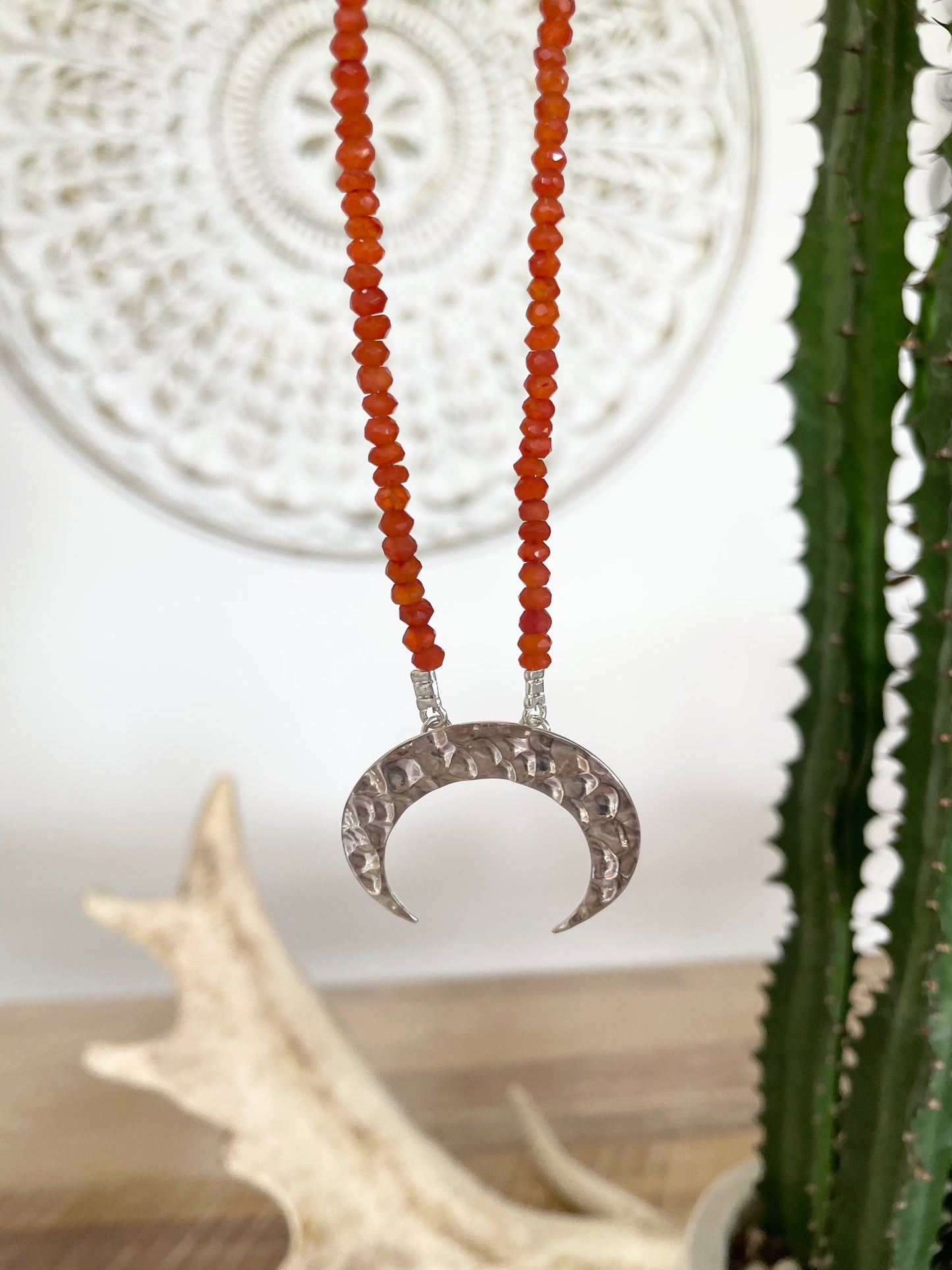 Faceted Carnelian Silver Moon Necklace