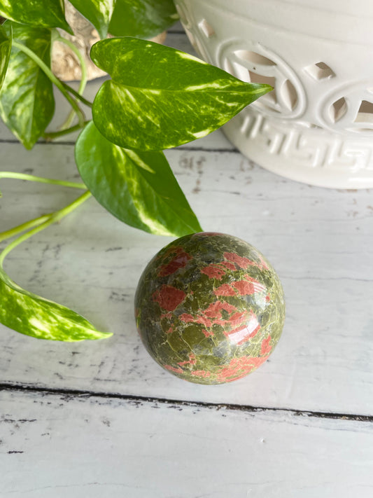 Unakite Sphere Includes Wooden Holder