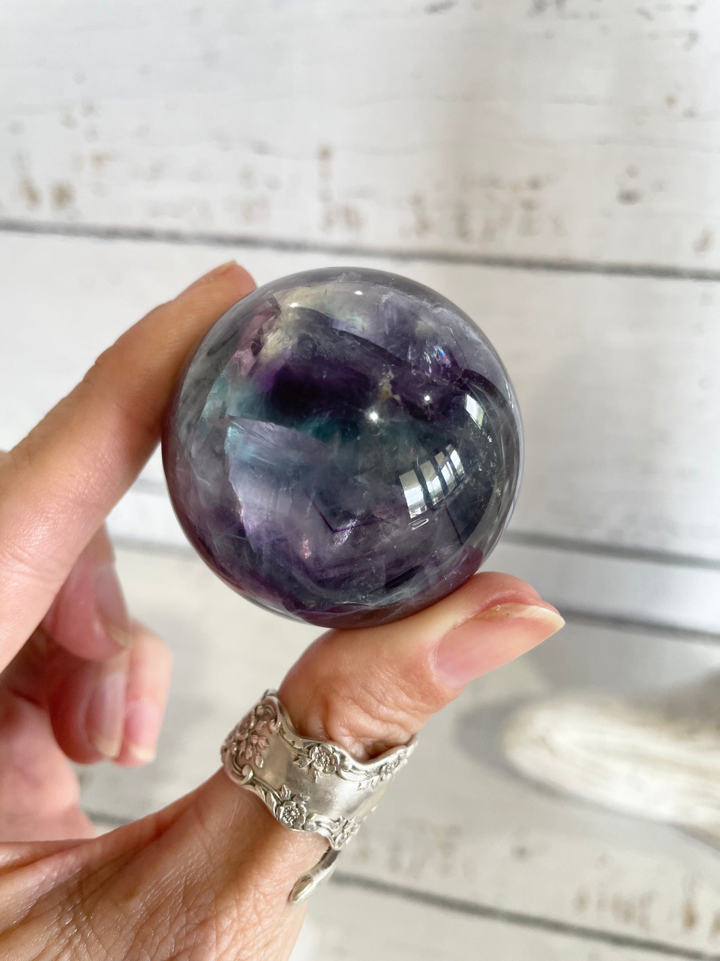 Rainbow Fluorite Sphere Includes Wooden Holder