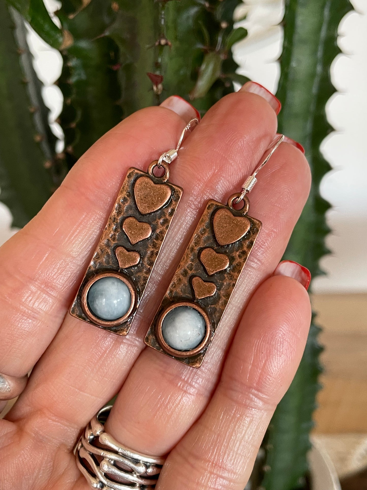 Aquamarine Hearts Copper Dangles