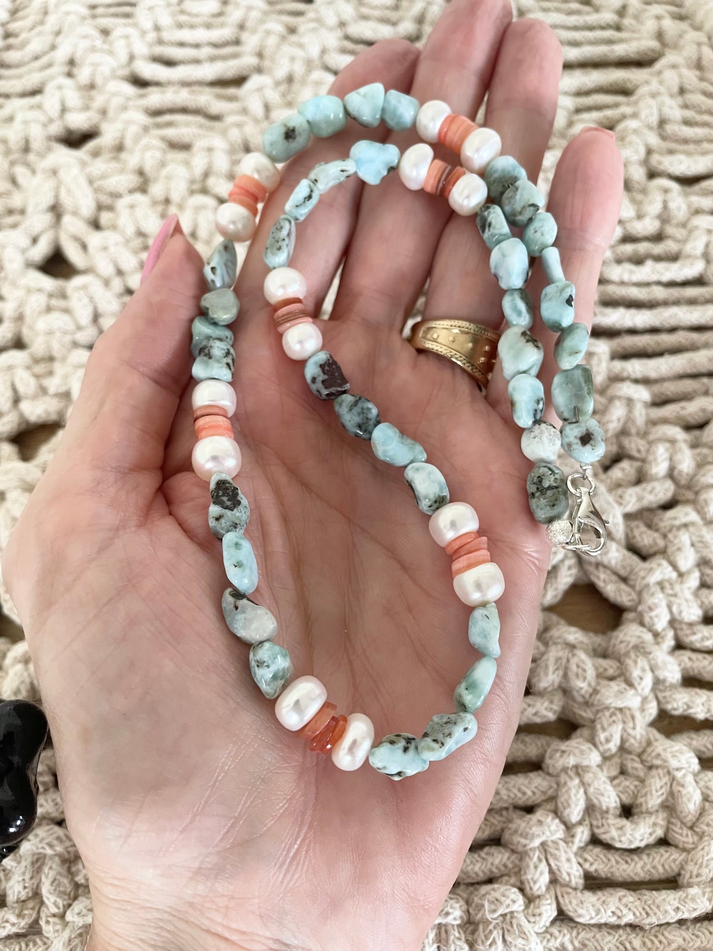 Larimar, Pearl & Coral Necklace - handmade by Wayne