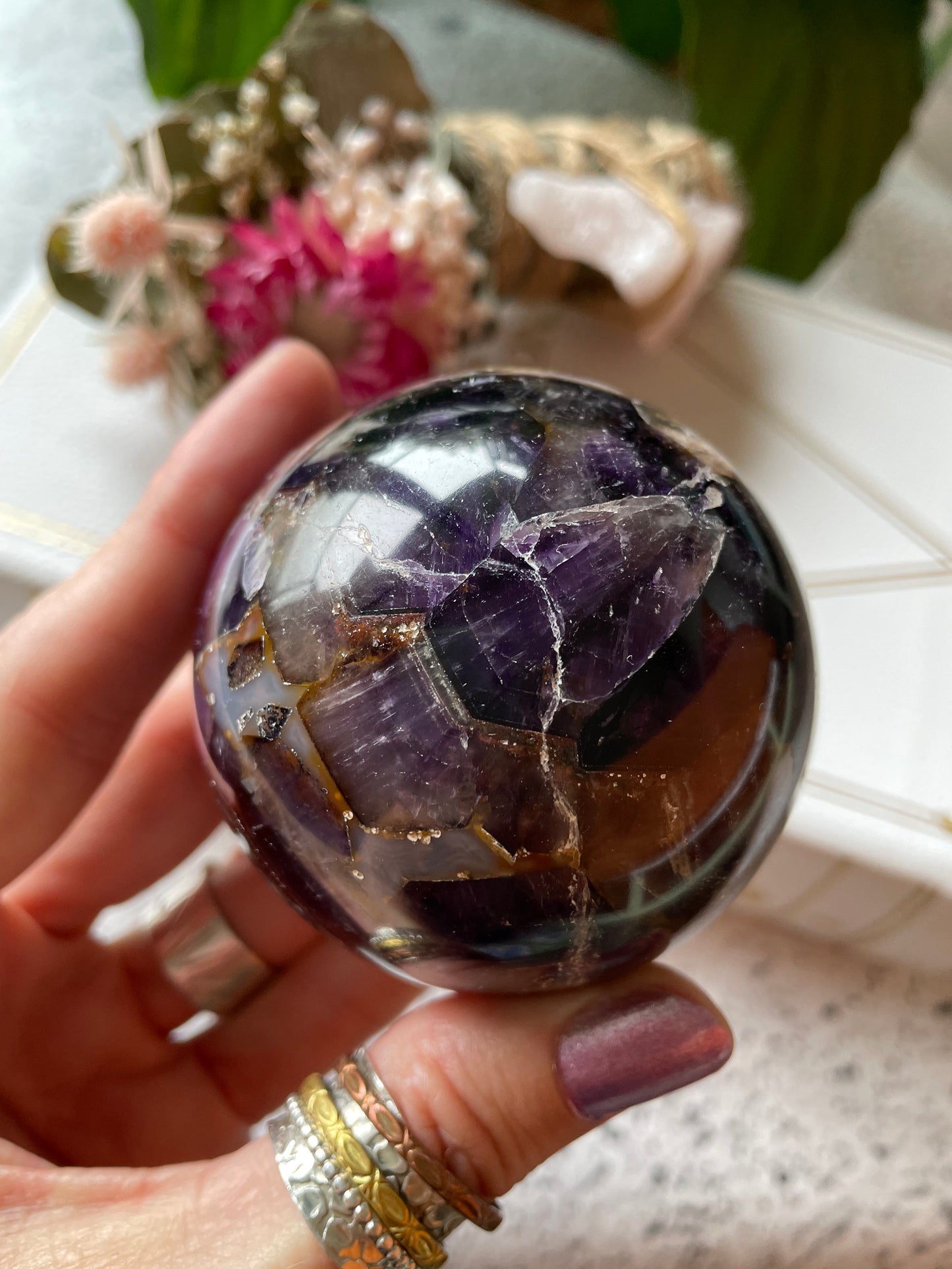 Chevron Dream Amethyst Sphere Includes Wooden Holder