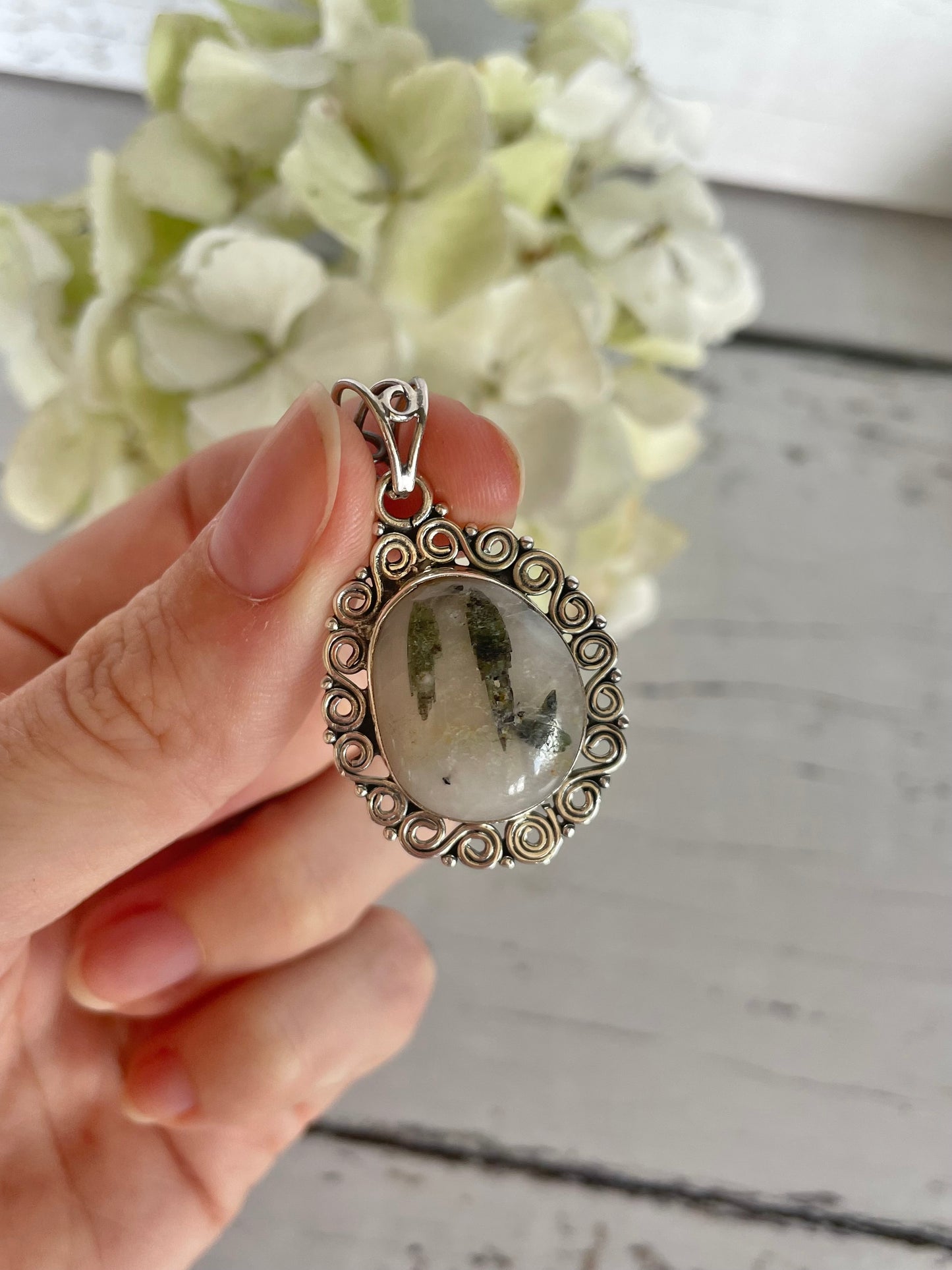 Green Tourmaline in Quartz Silver Pendant