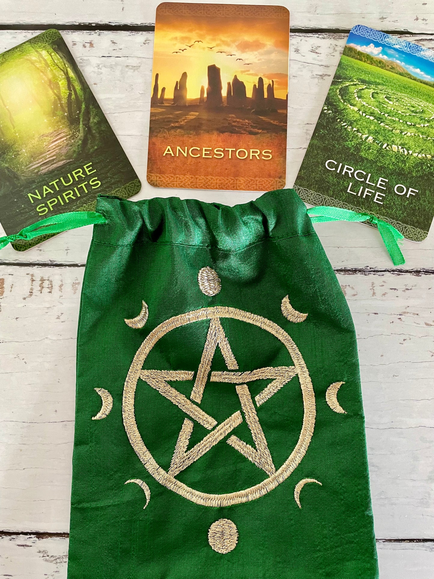 Wicca Drawstring Pouch ~ Pentacle Moons Green