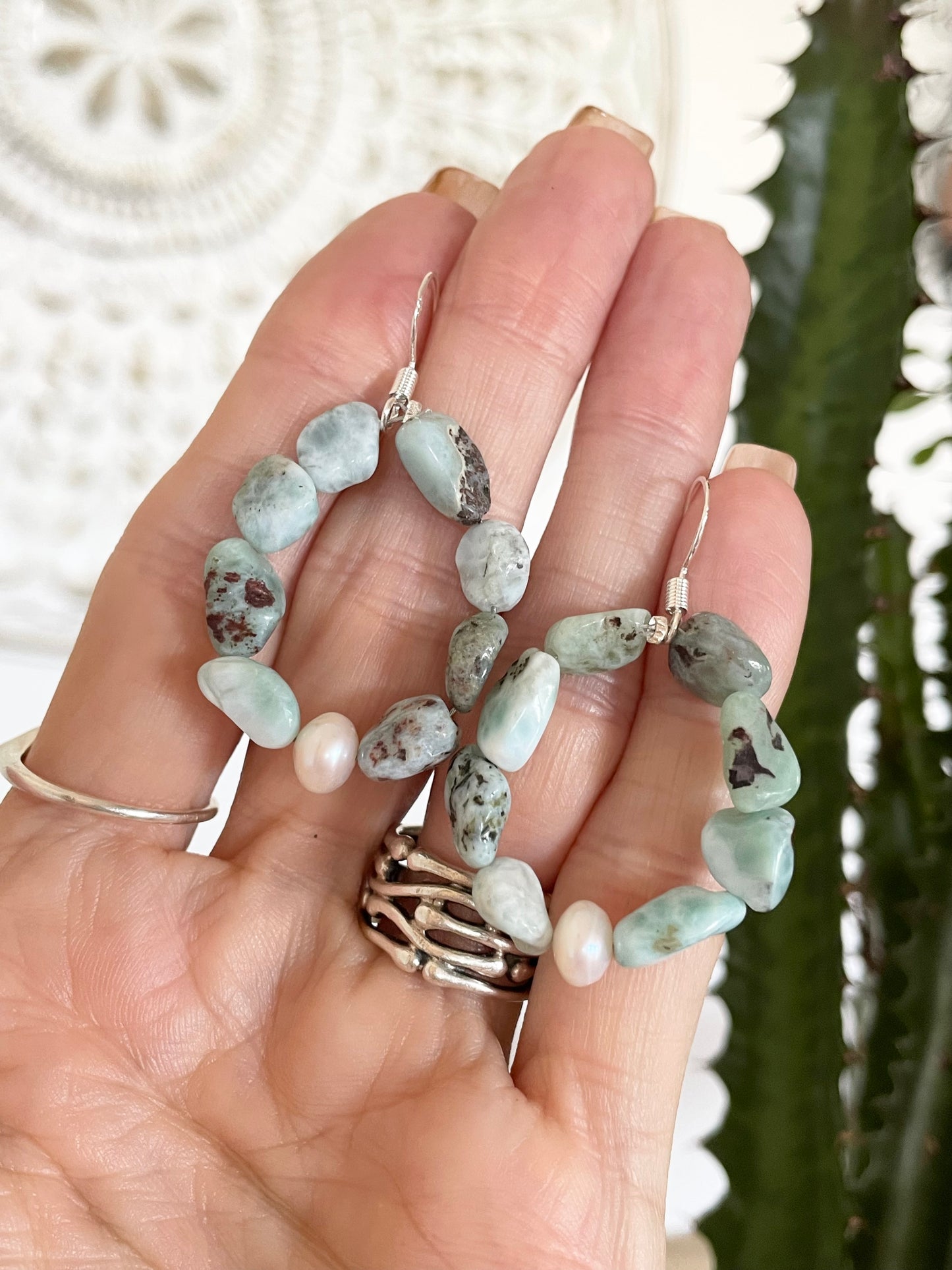 Larimar\Pearl Earrings