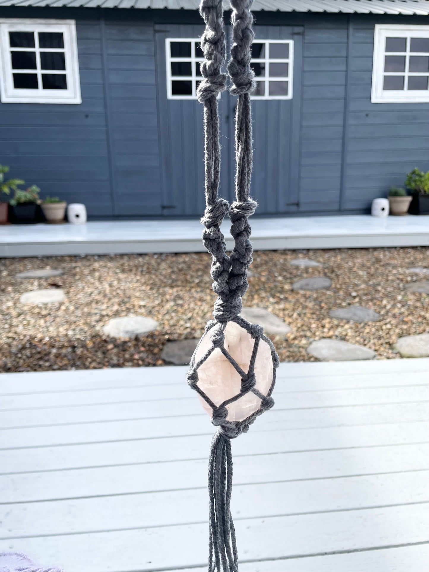 Made by Wayne Macrame Hanging - Rose Quartz Palm Stone