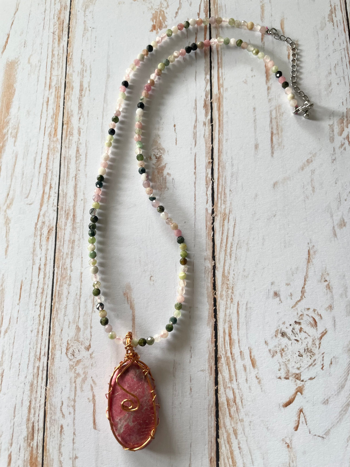 Thulite & Multi tourmaline Copper Wrapped Necklace