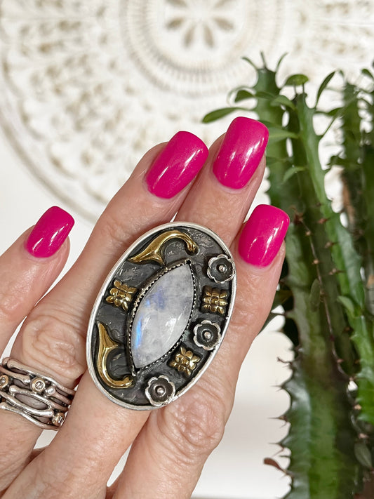 Rainbow Moonstone adjustable ring ~ sizes 6.5-10