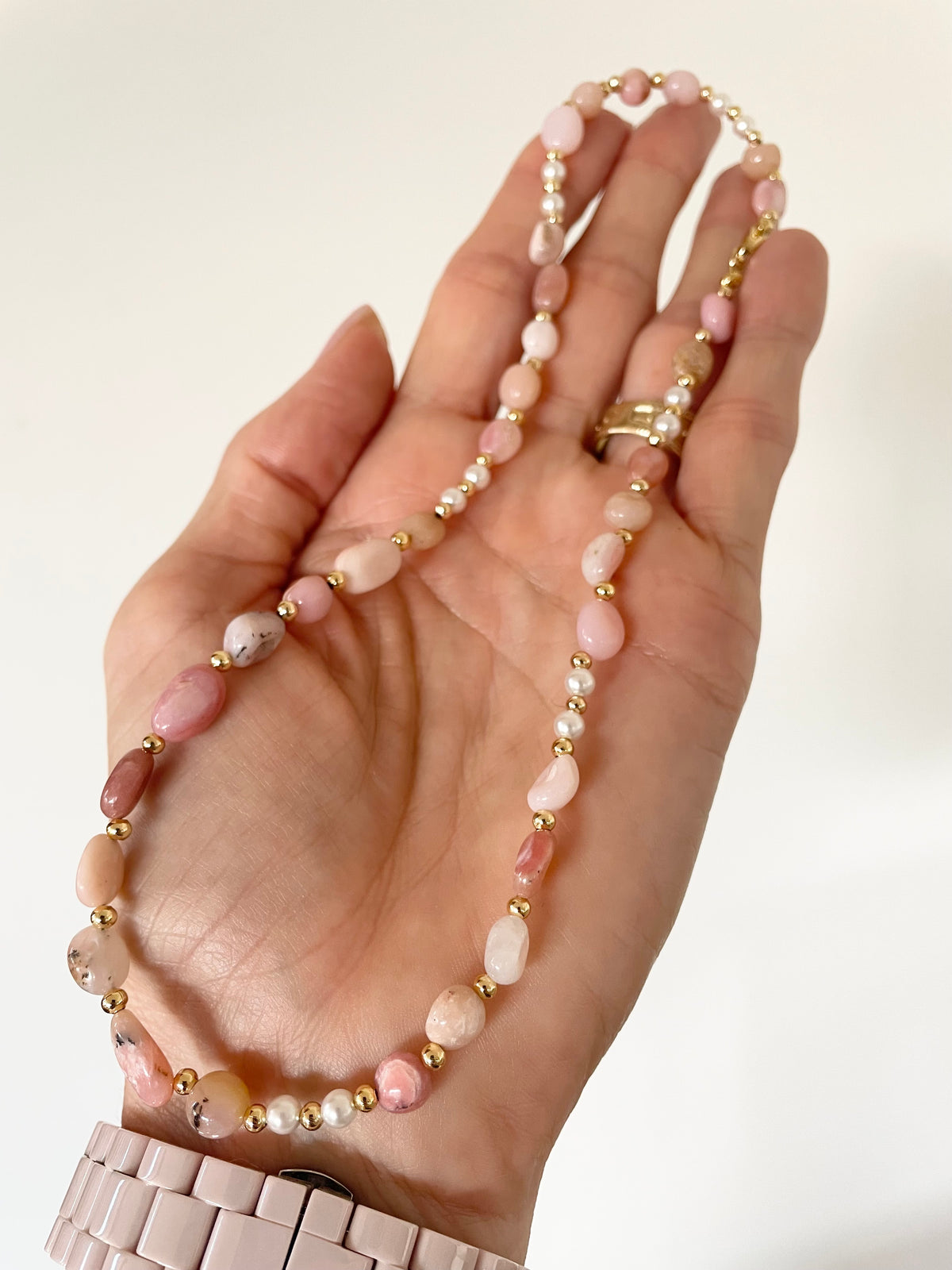Made by Wayne ~ Pink Opal & Pearl necklace