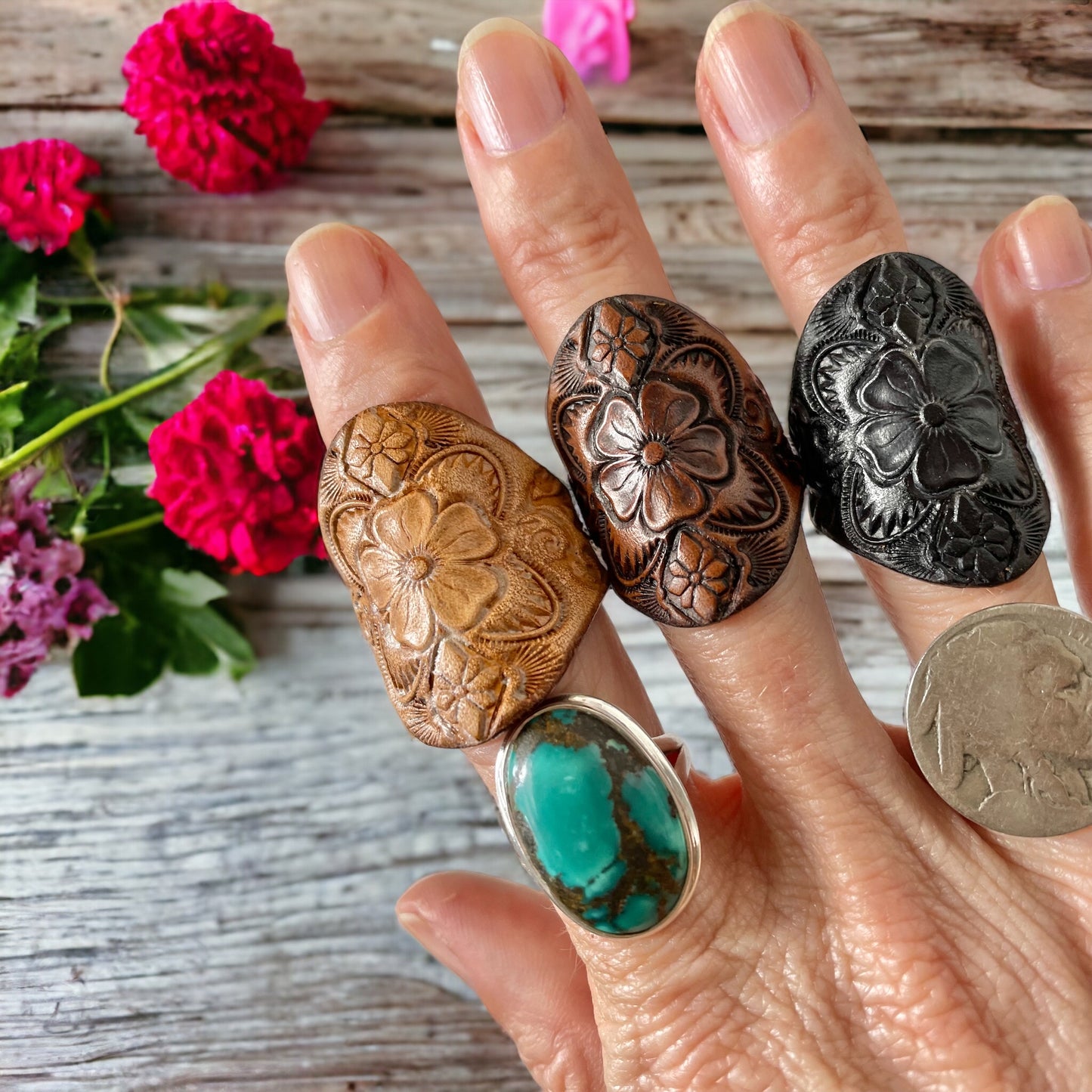 Leather Mandala Flower Ring