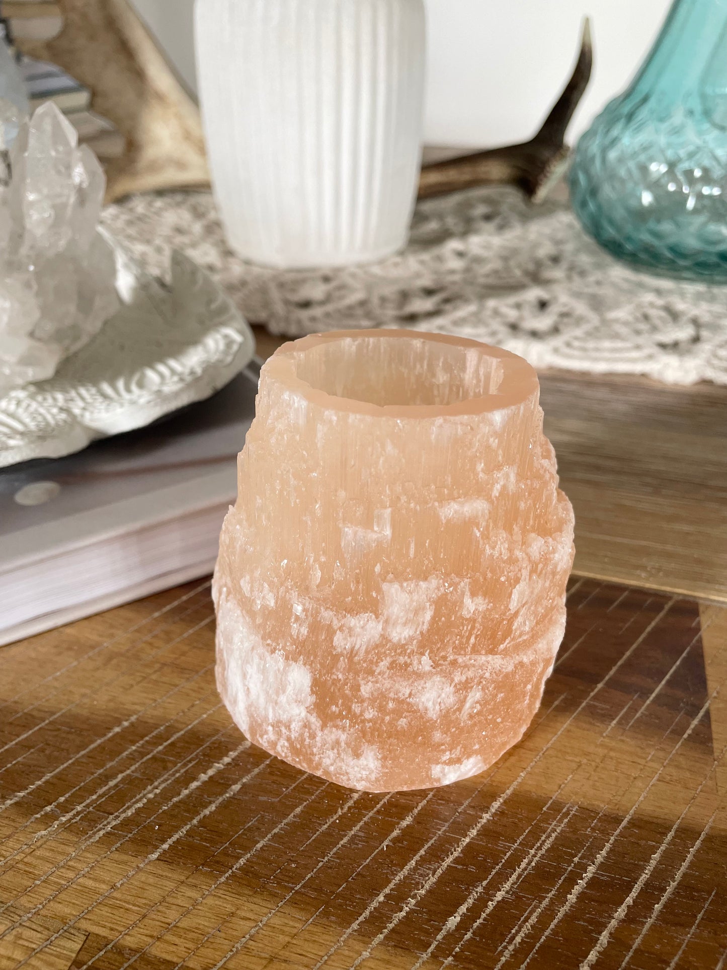 Orange Selenite candle holder