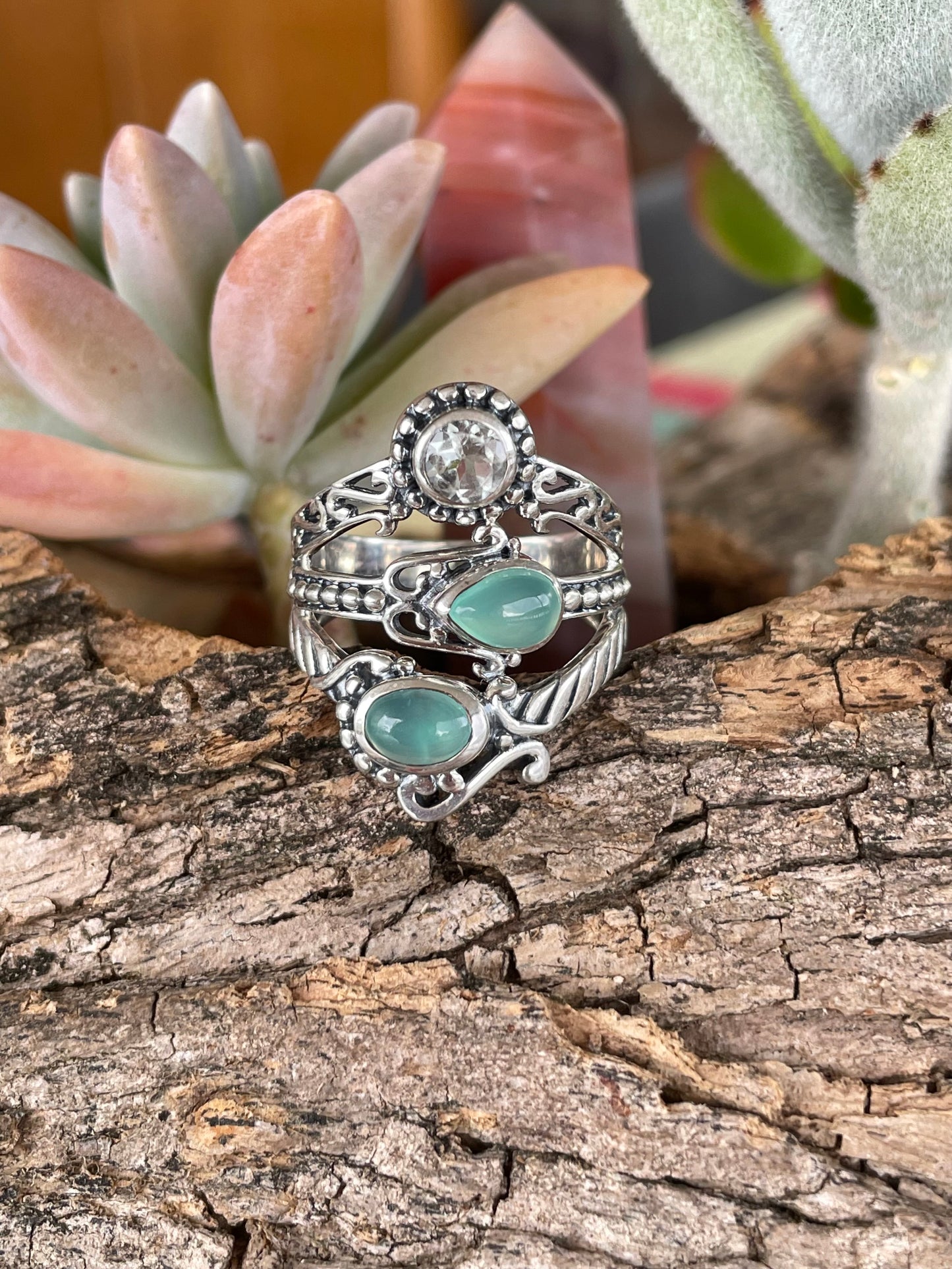 Green Chalcedony & Topaz Silver Ring