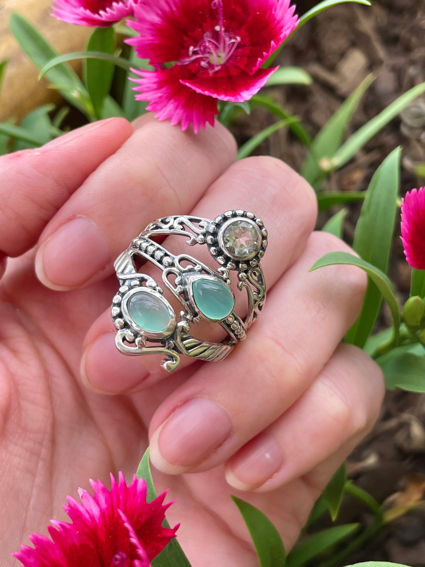 Green Chalcedony & Topaz Silver Ring