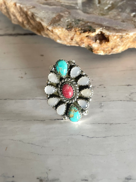 Moonstone, Turquoise & Thulite Adjustable Ring ~ size 7 - 9.5