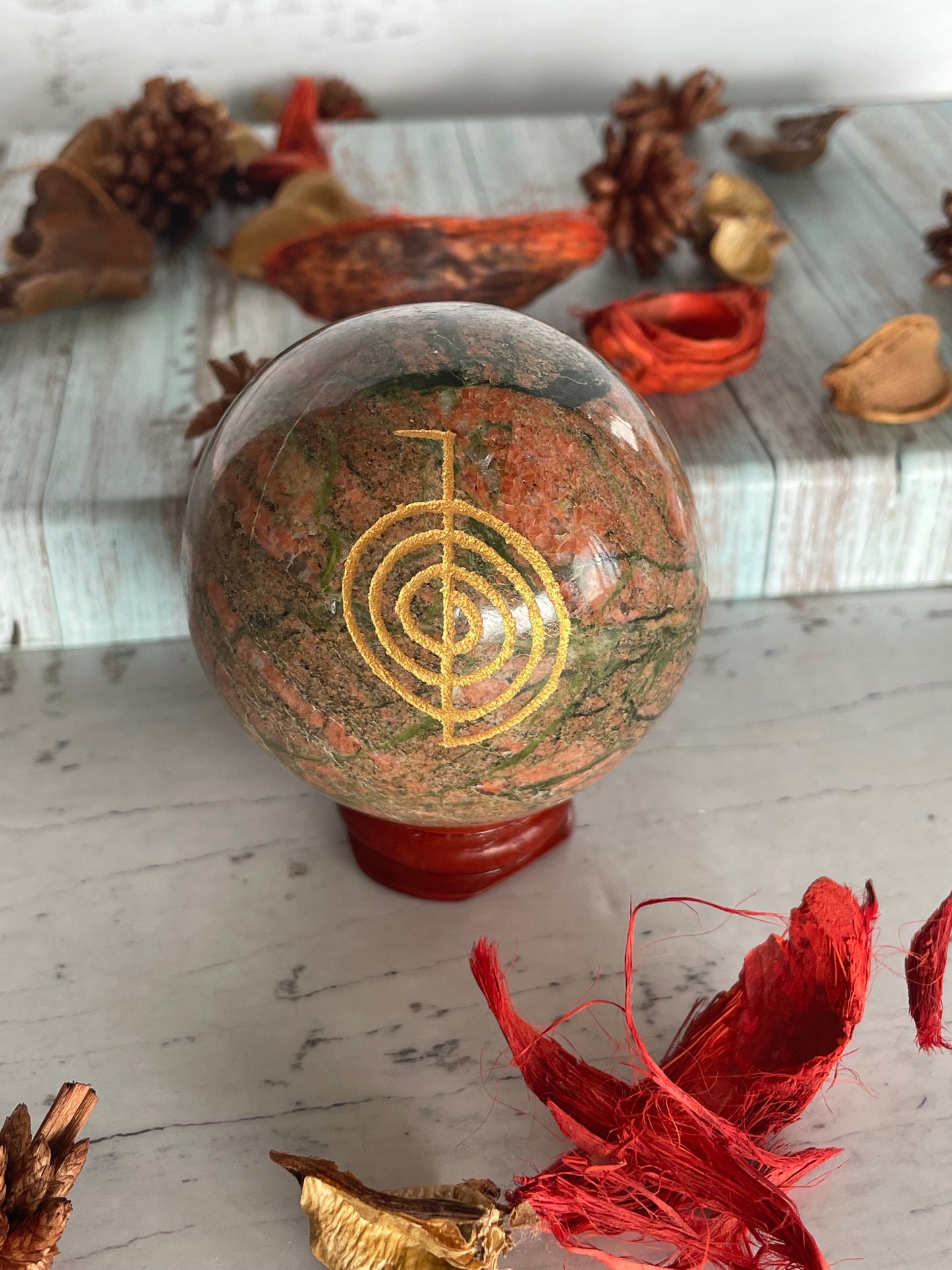 Unakite Reiki Sphere Includes Wooden Holder