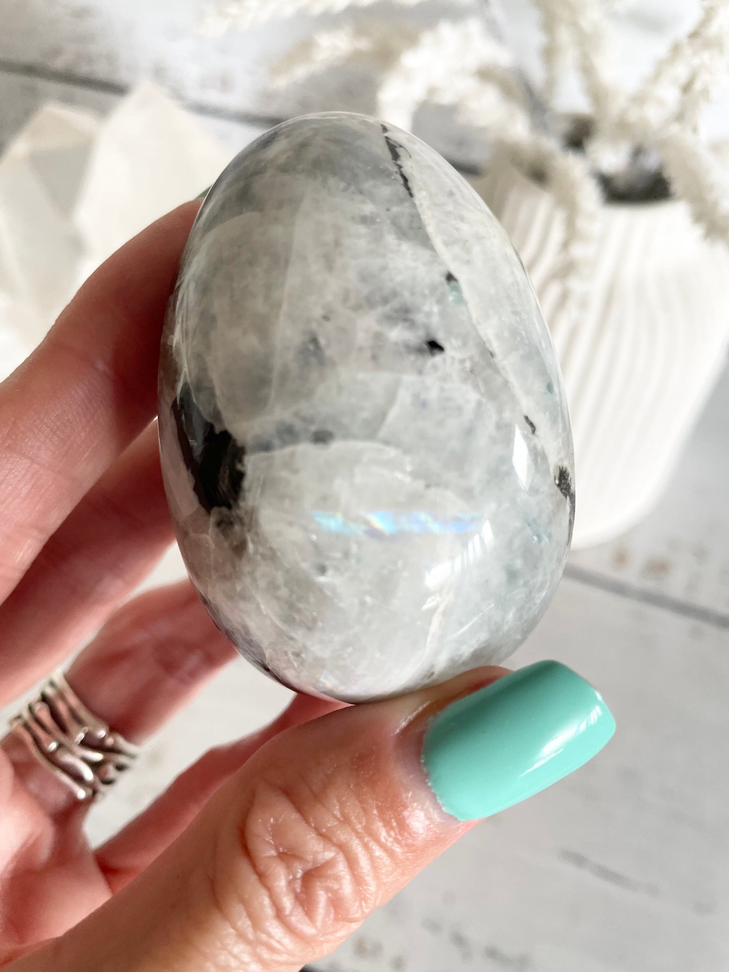 Rainbow Moonstone Egg with holder