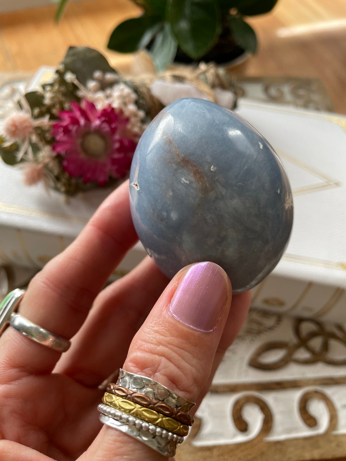 Angelite Egg Includes Hematite Ring