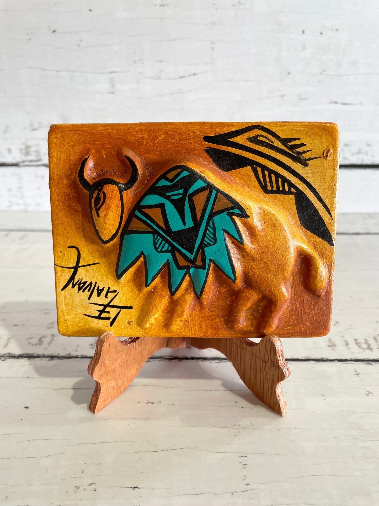 Navajo Pottery Plaque & Stand ~ Sacred Buffalo