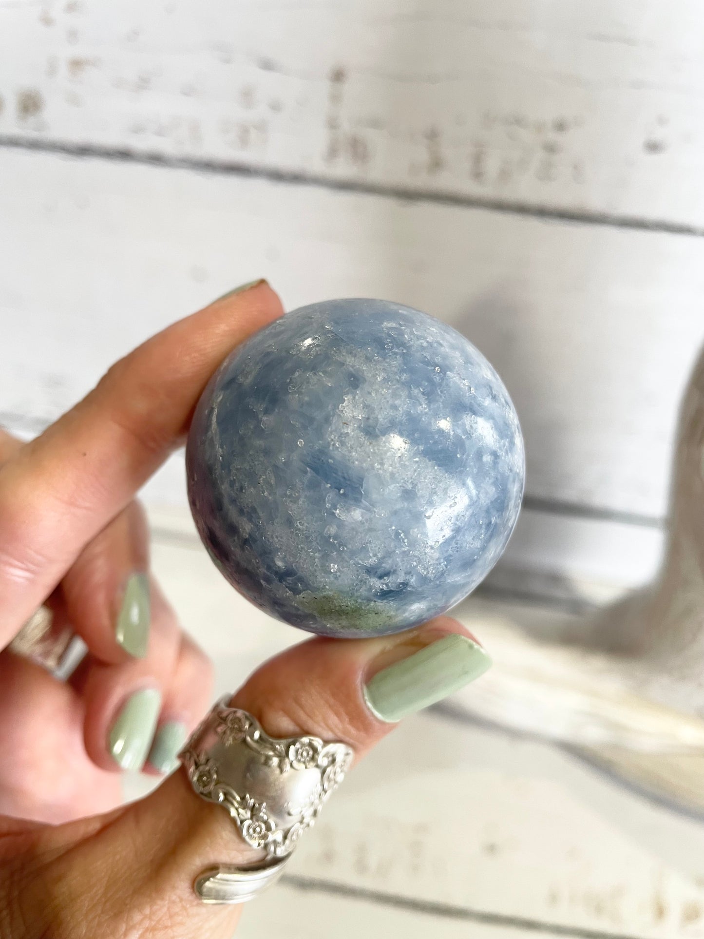 Blue Calcite Sphere Includes Wooden Holder