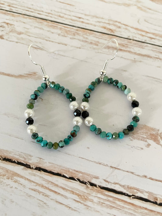 Faceted African Turquoise, Black Spinel & Pearl Earrings - handmade by Wayne