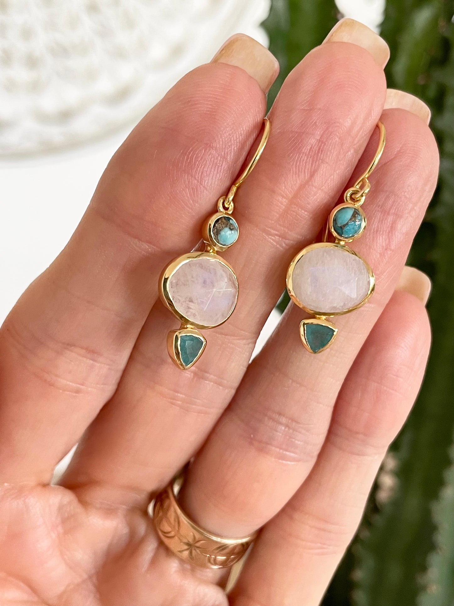 18K Gold Electroplated Dangles  ~ Moonstone & Turquoise