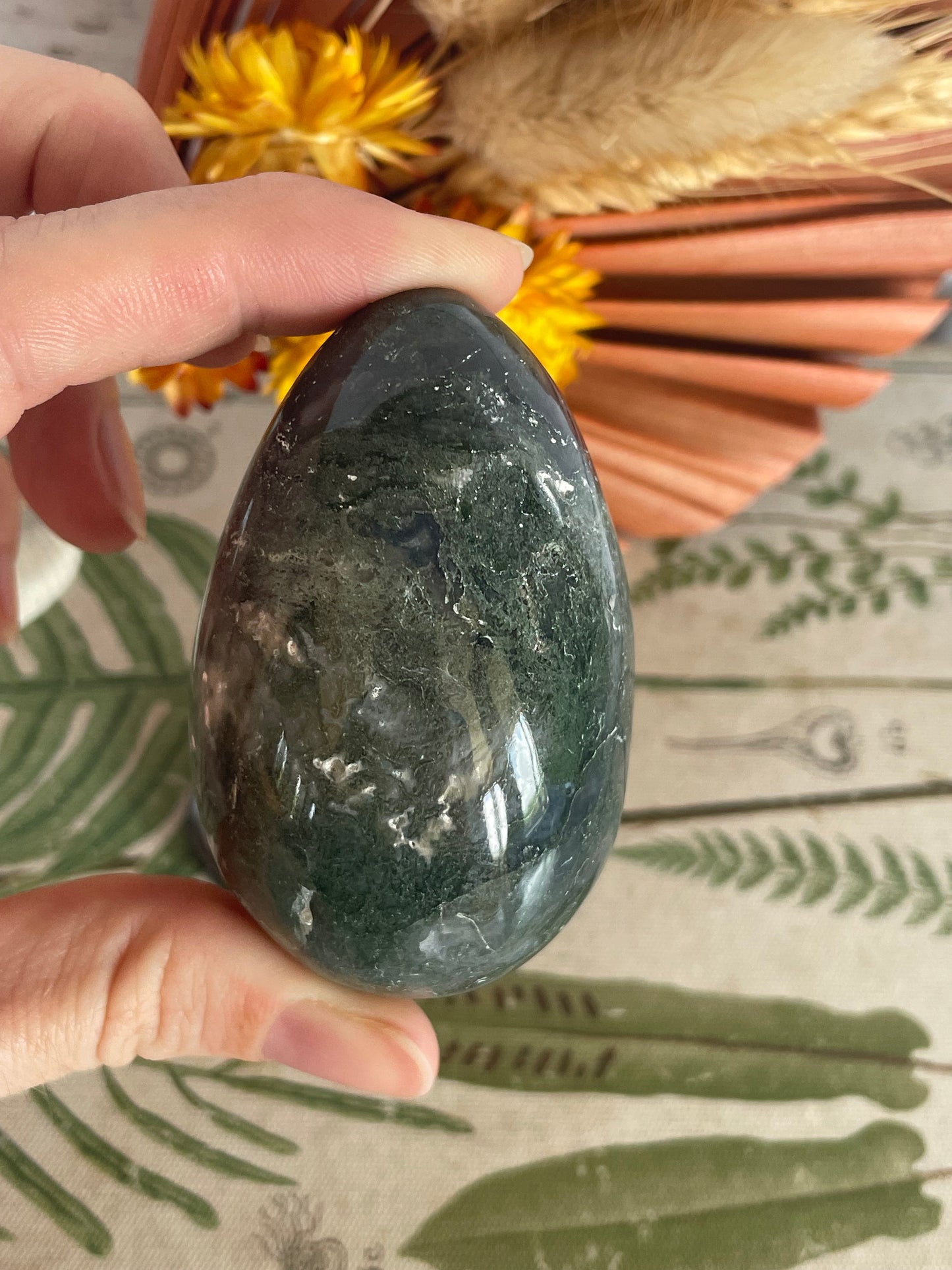 Moss Agate Egg Includes Hematite Ring