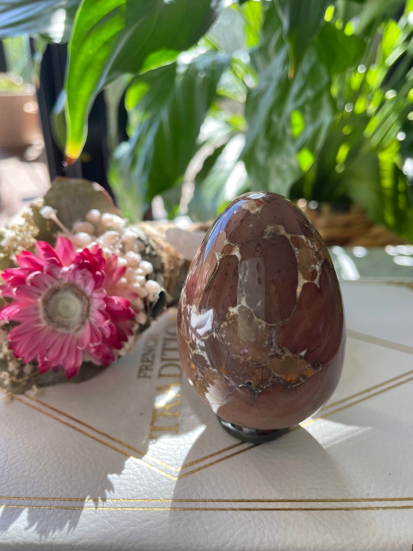 Spotted Agate Egg Includes Hematite Ring