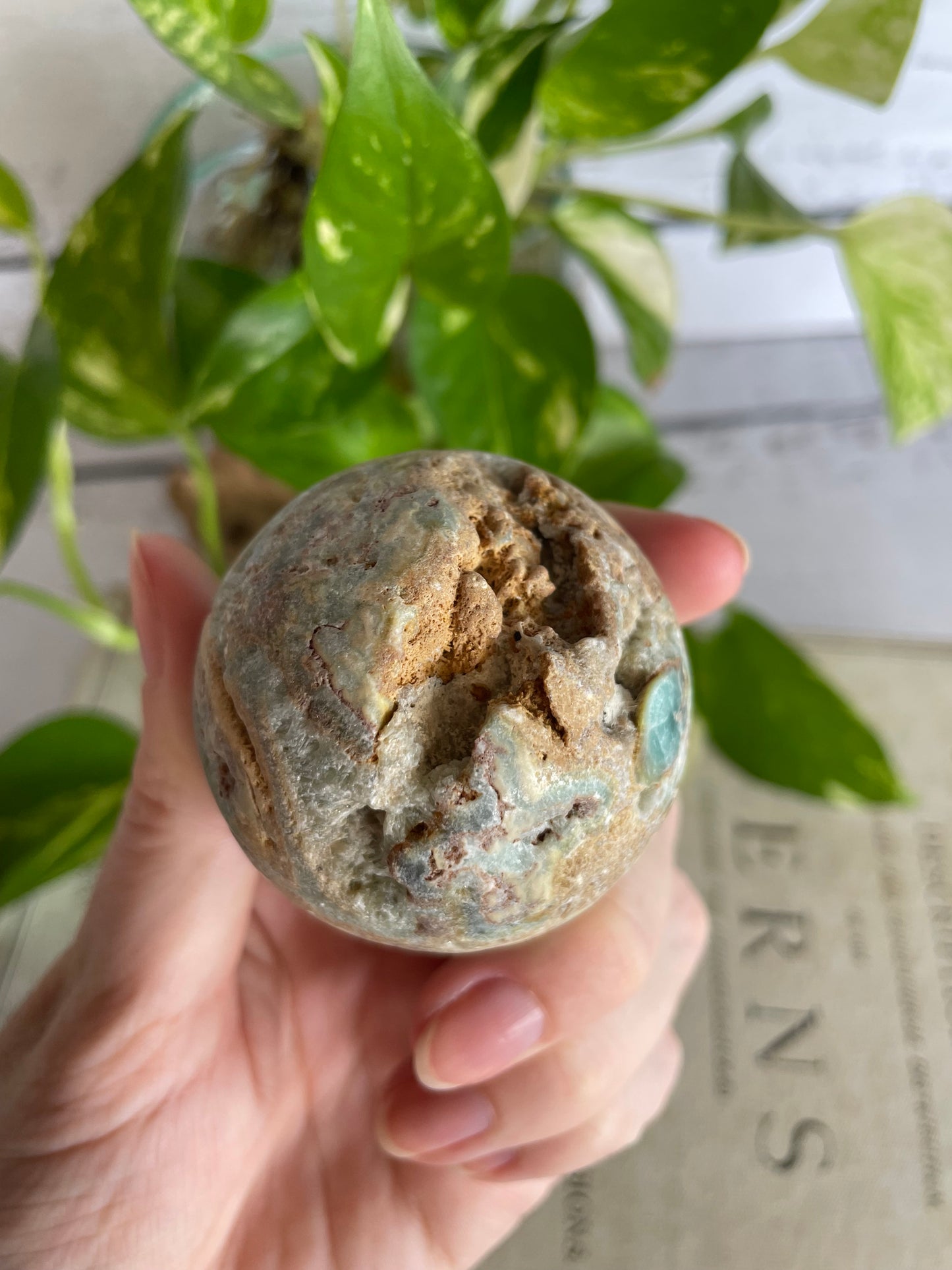 Hemimorphite Sphere Includes Wooden Holder