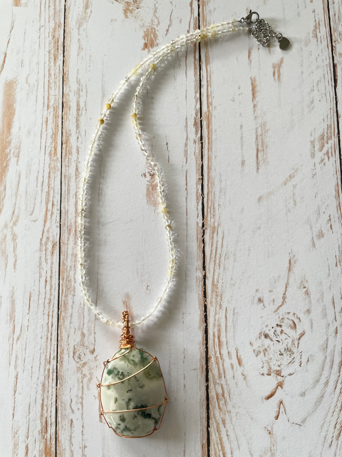 Moss Agate & Golden Healer Wrapped Necklace